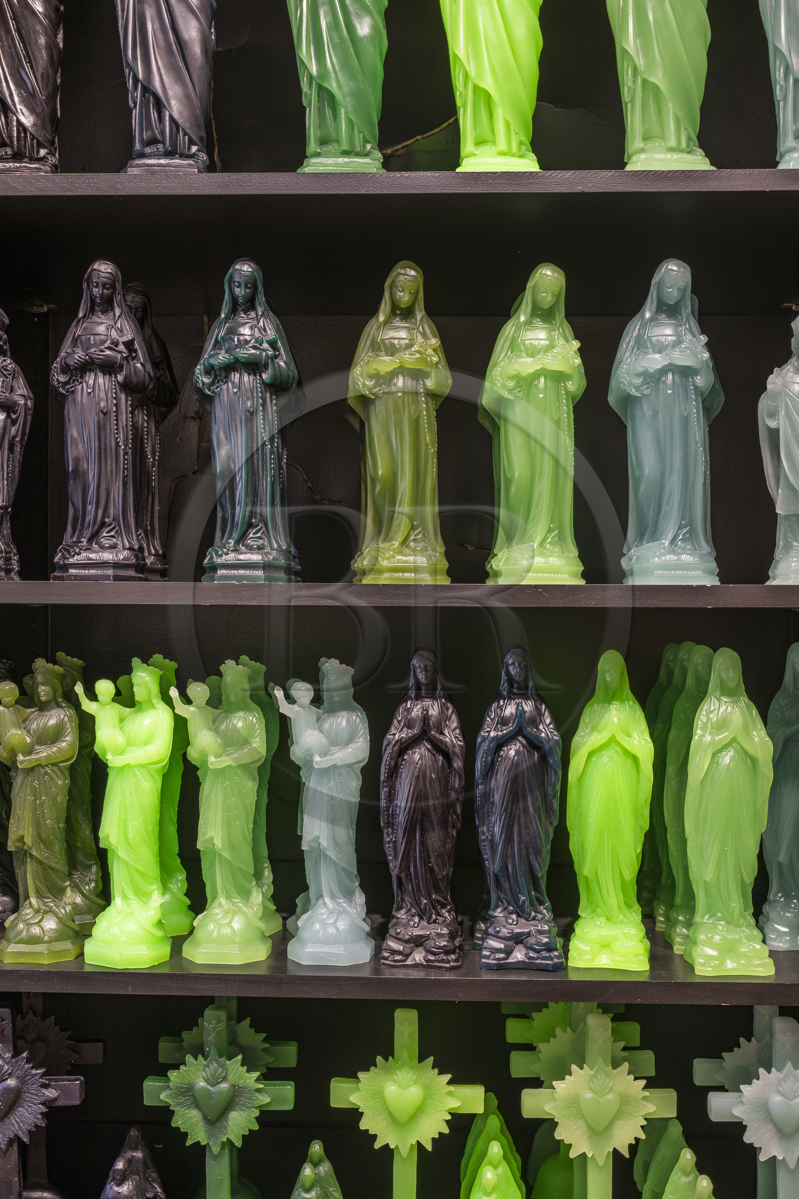 France, Bouches du Rhone, Tarascon, Souleiado boutique, candles featuring Provençal icons like the Virgin or the Arlesian in flashy colors made by the Ciergerie des Prémontrés