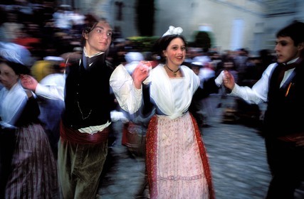 France, Bouches du Rhone, Les Baux de Provence village, labelled Les Plus Beaux Villages de France (The Most Beautiful Villages of France), Provence traditional danse, aubade (dawn serenade)