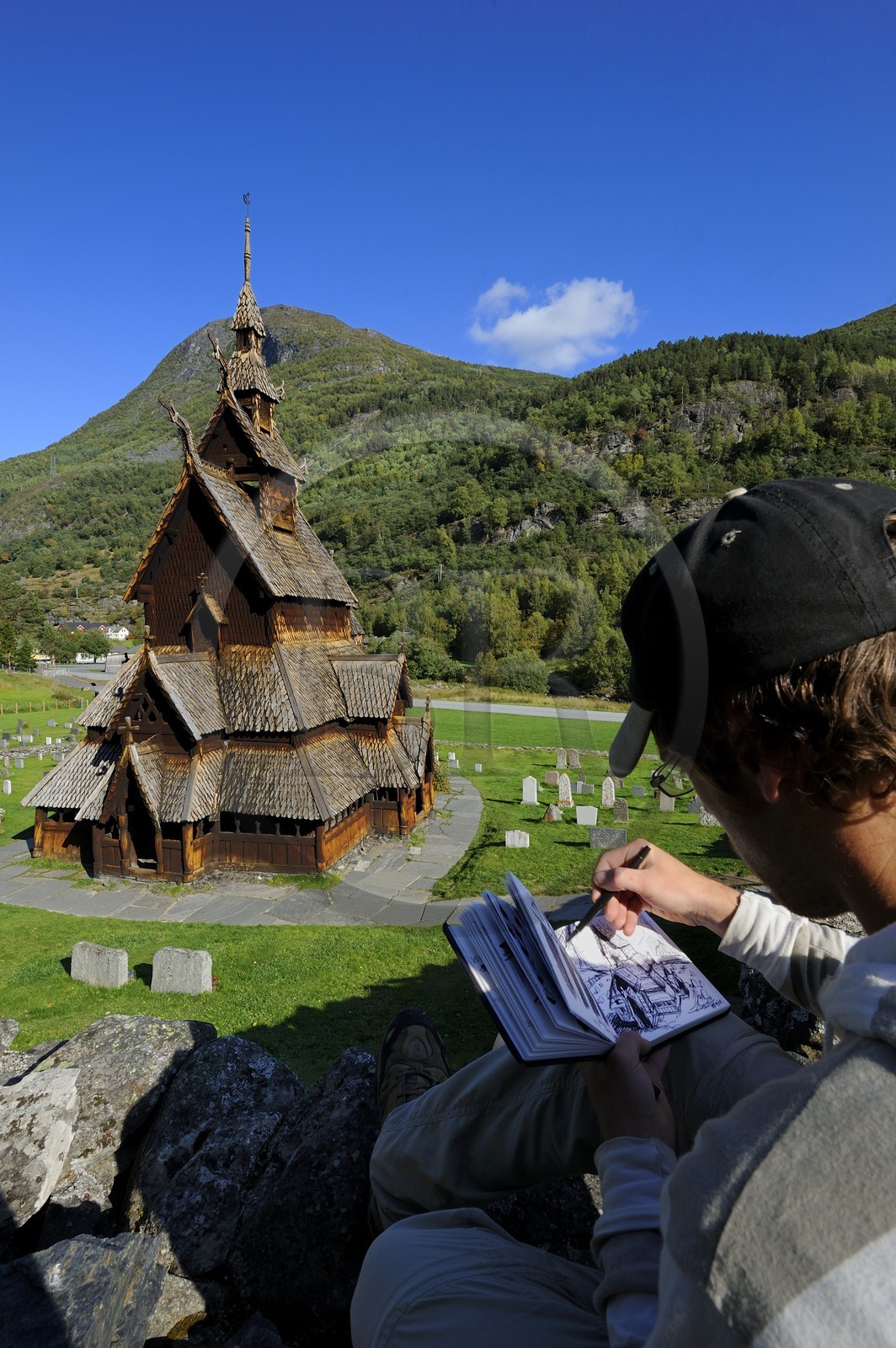 Norway, Sogn Og Fjordane County, Borgund, wooden stave church called stavkirker or stavkirke built in 1130 with pre-Christian viking motifs