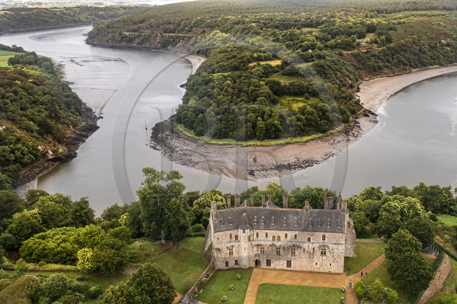 France, Cotes d'Armor, Ploezal, castle of La Roche-Jagu on the banks of the Trieux river (aerial view)