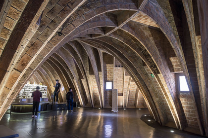 Spain, Catalonia, Barcelona, Eixample district, Passeig de Gracia, Pedrera or Casa Mila (1905-1910) by the Catalan modernist architect Antoni Gaudi, UNESCO World Heritage site, the chain vaults of the attic