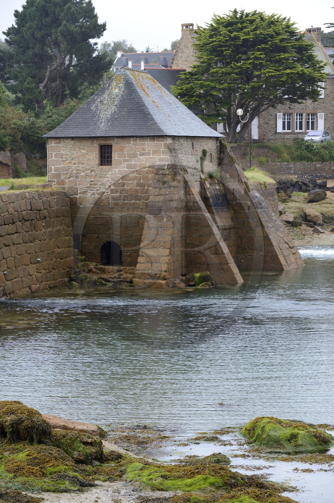 France, Cotes-d'Armor, Cote de Granit Rose (the Pink Granite coast), Ploumanach, one of the two tidal mills that closes the Traouiero valley