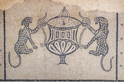 France, Gard (30), Nîmes, Musée de la Romanité de l'architecte, mosaique romaine avec panthères en pendant autour d'un cratère fontaine, début du IIème siècle ap. J.-C.
