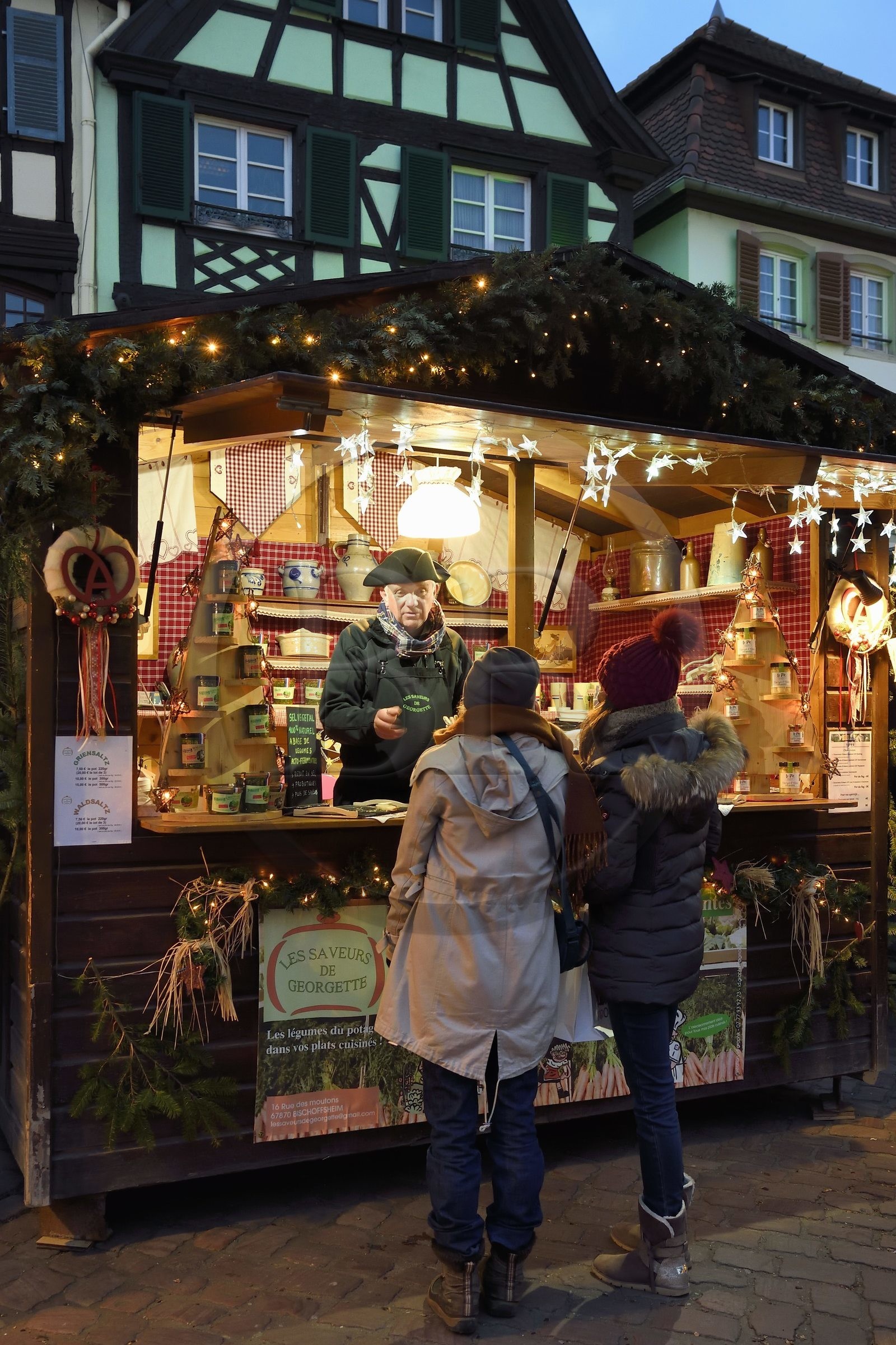 France, Bas-Rhin (67), Obernai, Marché de Noël, étal de Christian Ruch des Saveurs de Georgette