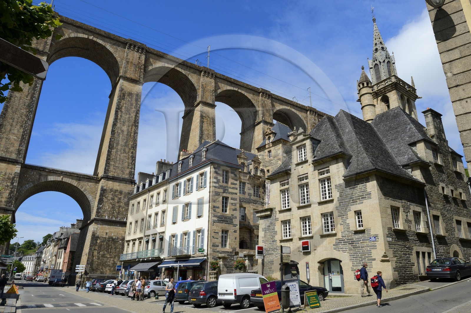 France, Finistere, Morlaix, place des Otages, the viaduct and the Saint-Melaine church