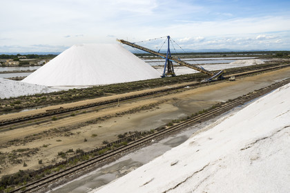 France, Gard, Aigues Mortes, the saline of Aigues-Mortes (Salins du Midi), mountain of stored salt