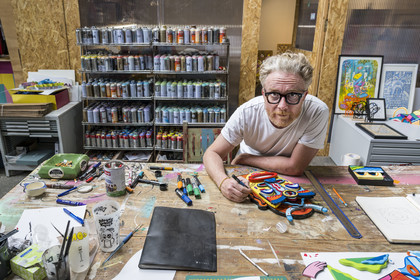 France, Vaucluse, Avignon, Graffiti artist Pablito Zago in his studio, founder of the Cartel association and the Shed studio