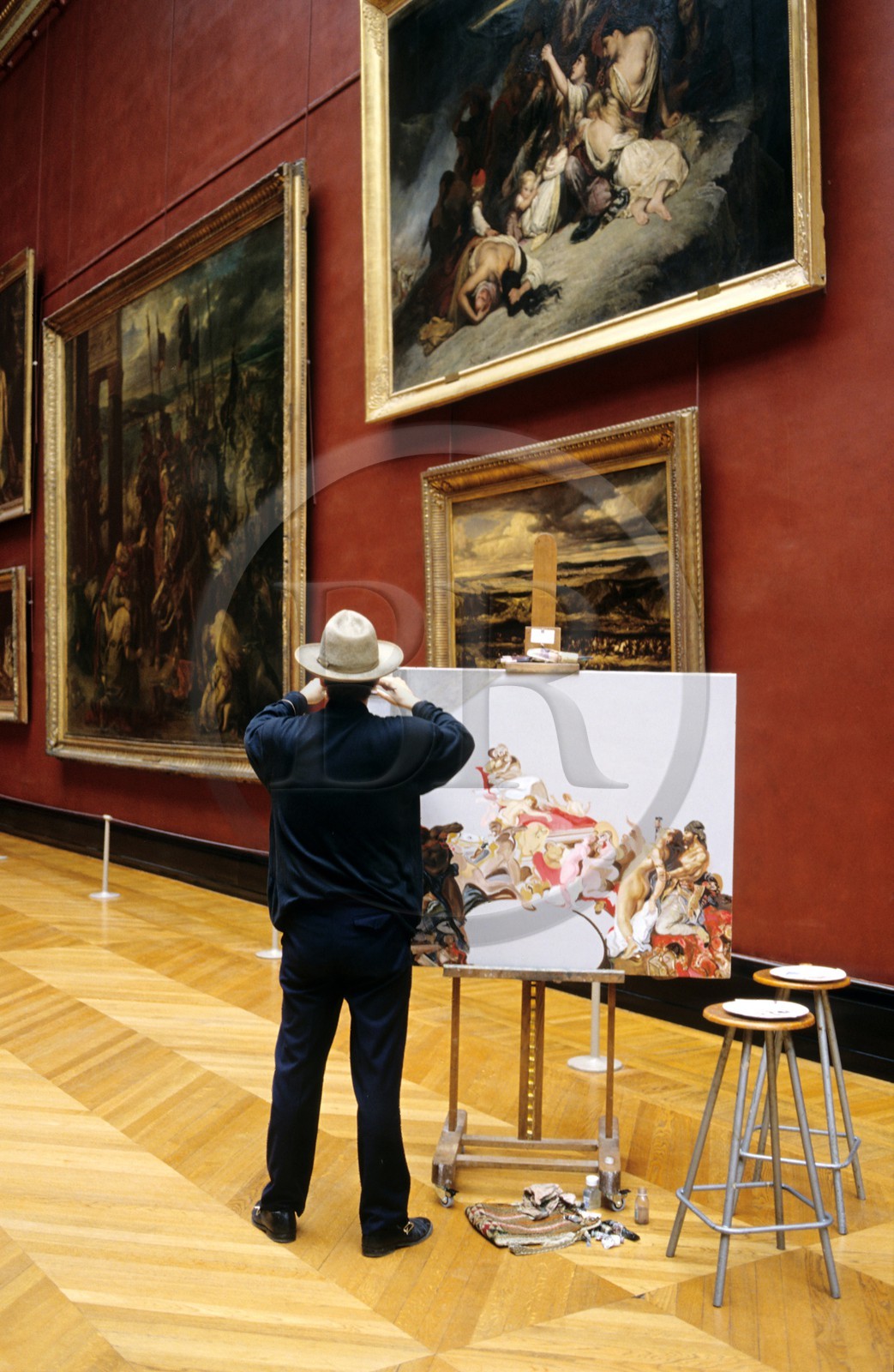 France, Paris, Louvre Museum, Grande gallery, painters are allowed to work once again inside the Museum