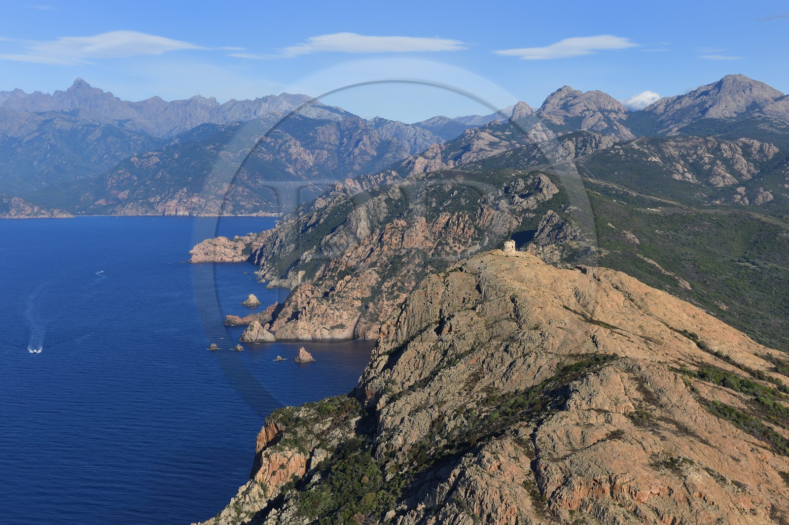 France, Corse du Sud, Golfe de Porto, listed as World Heritage by UNESCO, the Capo Rosso and the Genovese Tower of Turghiu (Turghio) in the background (aerial view)
