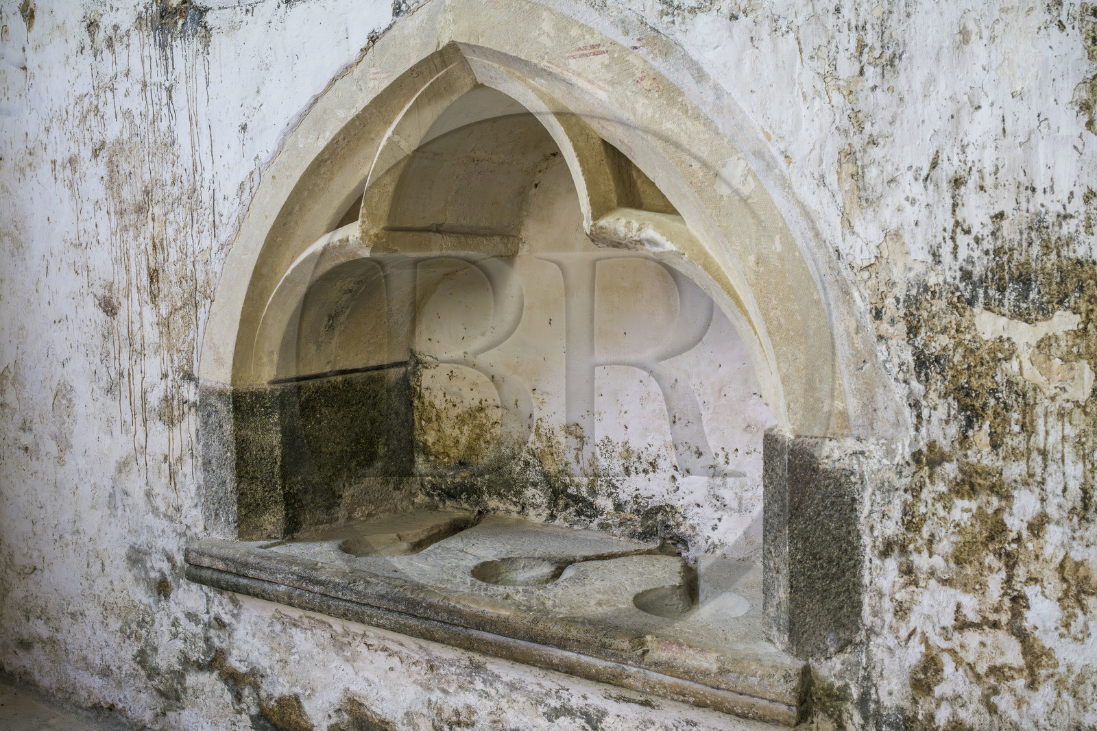 France, Vendee, Pouzauges, Romanesque church of Notre-Dame du Vieux Pouzauges from the 11th century, liturgical washbasin from the 13th century