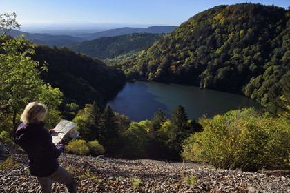 France, Haut-Rhin (68), Parc naturel régional des ballons des Vosges, Rimbach-près-Masevaux, randonneur marchant sur le GR5 au dessus du Lac des Perches, la plaine d'Alsace et les Alpes en arrière plan