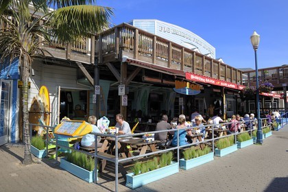 Etats-Unis, Californie, San Francisco, terrasse de restaurant du très touristique Pier 39 sur le Fisherman's wharf