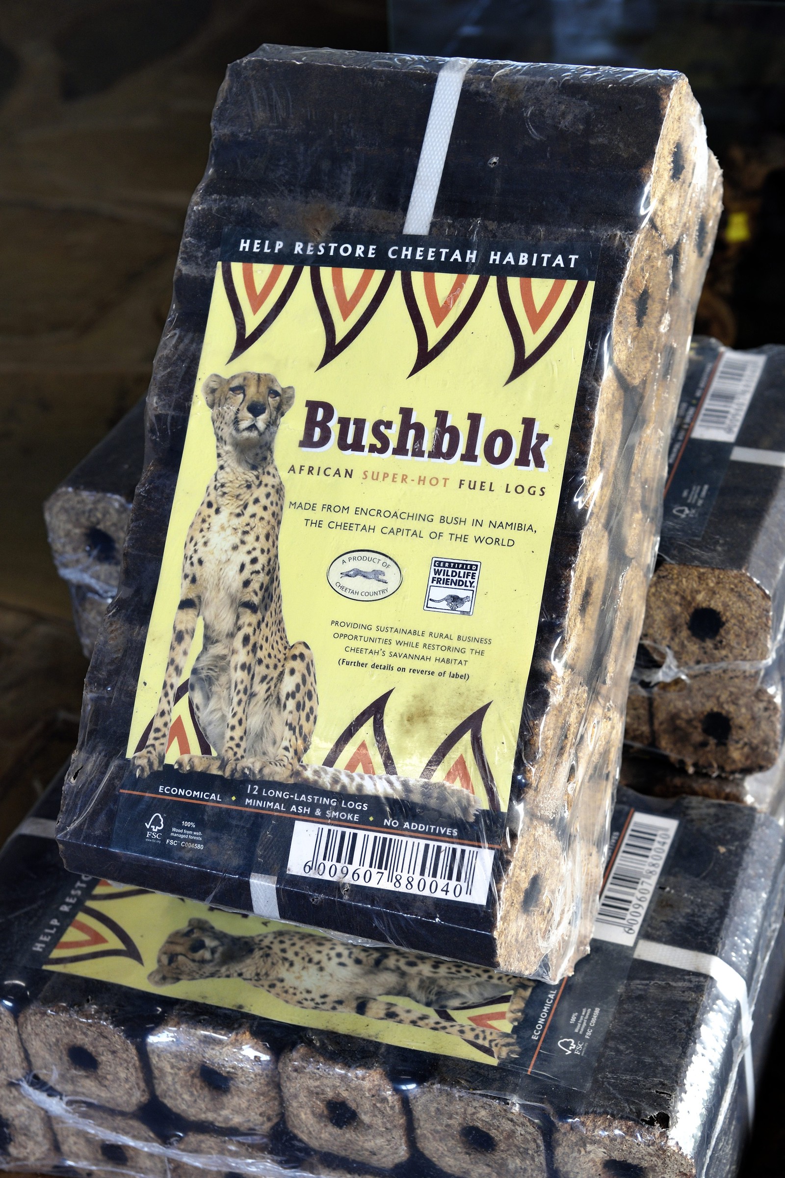 Namibie, Otjiwarongo, Cheetah Conservation Fund, centre de recherche et d'éducation, CCF BUSH Pty Ltd fabrique des briquettes de bois comme projet pilote pour explorer une stratégie visant à améliorer l'habitat du guépard par l'enlèvement des épais buissons qui prolifèrent dans le bush, Bushblock