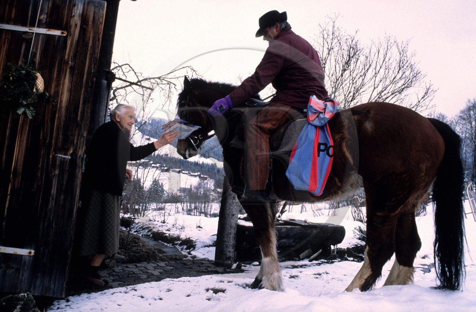 Switzerland, region of Bern (Bernese Oberland), Saanenland, Gstaad, the postman riding a horse giving the post