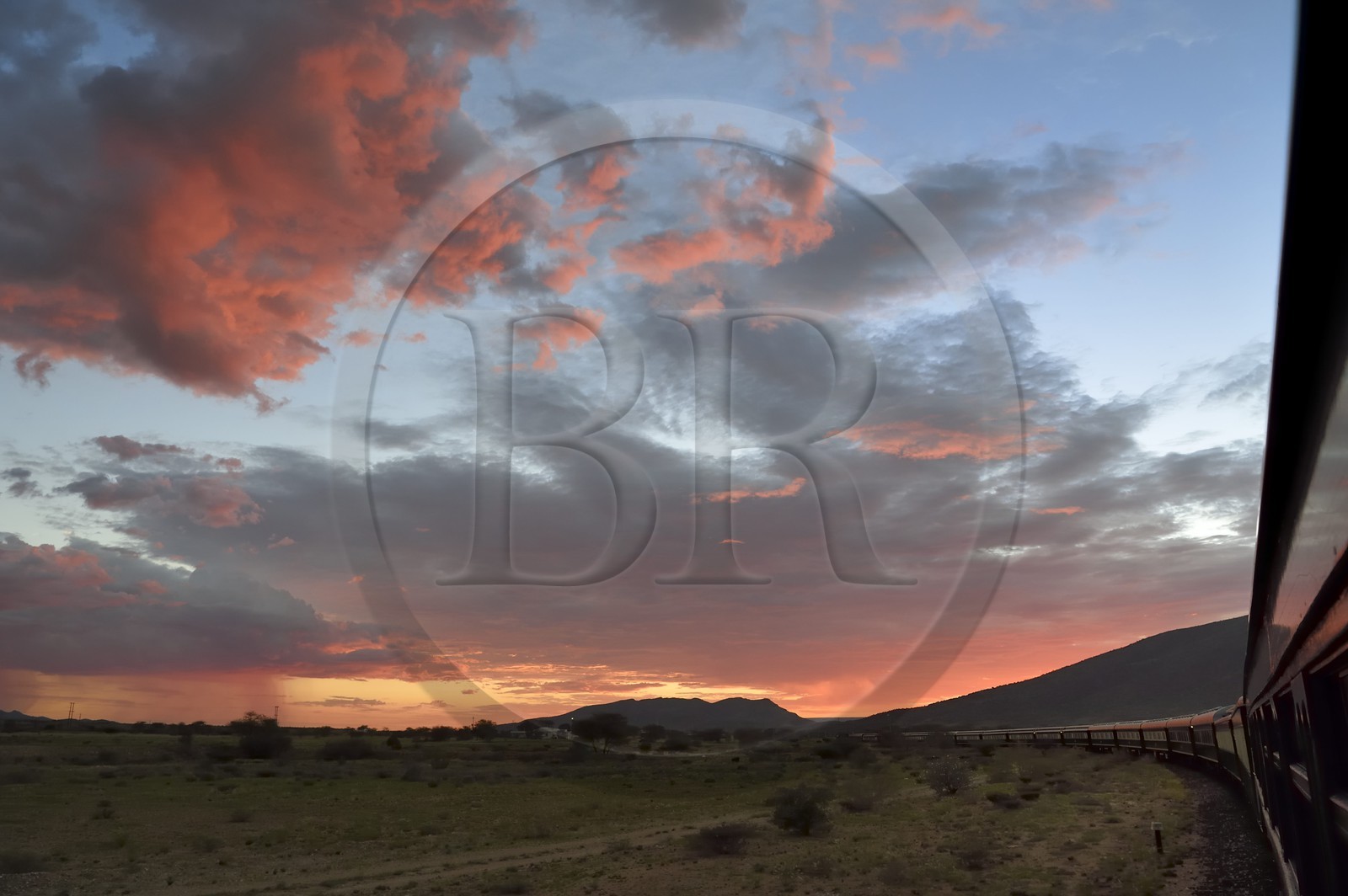 Namibie, région de Erongo, le train Shongololo express traversant le bush namibien au coucher de soleil