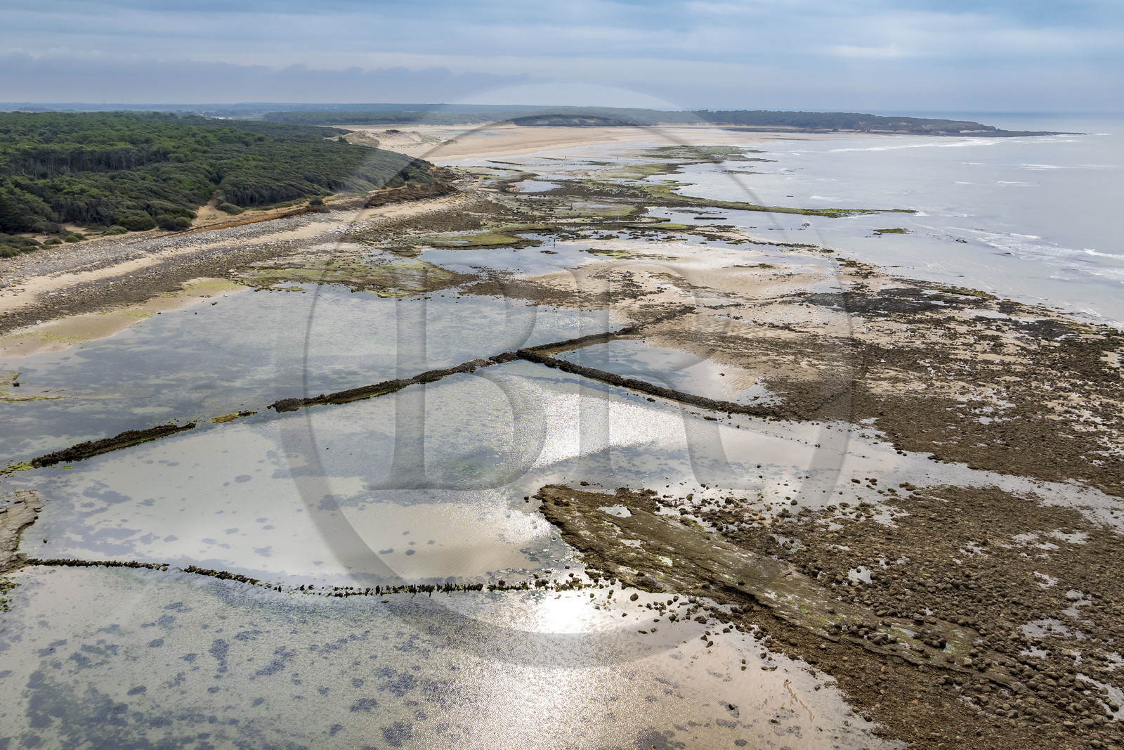 France, Vendée (85), Talmont-Saint-Hilaire, murs de la pêcherie en ruine sur l'estran du Veillon et la Pointe du Payré en arrière plan (vue aérienne)