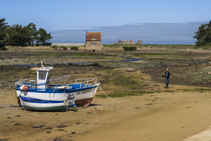 France, Cotes-d'Armor, Cote d'Ajoncs, Penvénan, Balanec Island tide mill at low tide