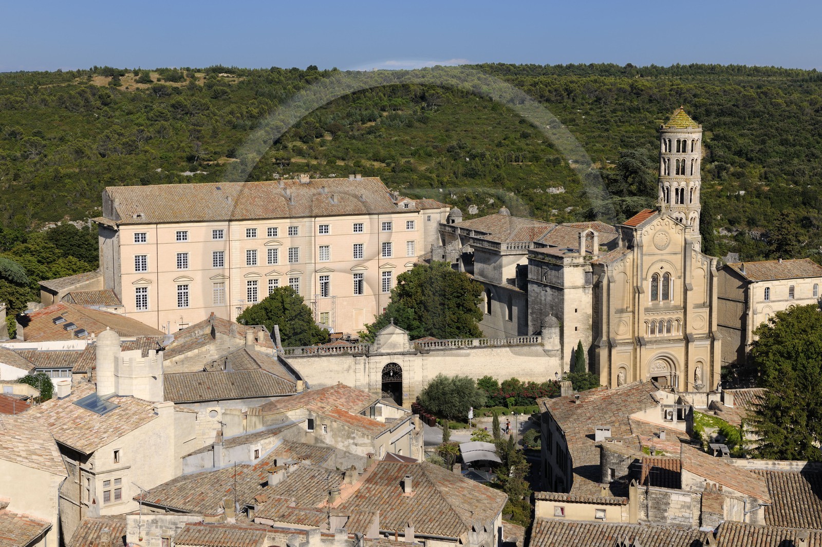 France, Gard, Uzes, the former Bishopric on the left and the cathedral Saint-Theodorit with its Fenestrelle tower