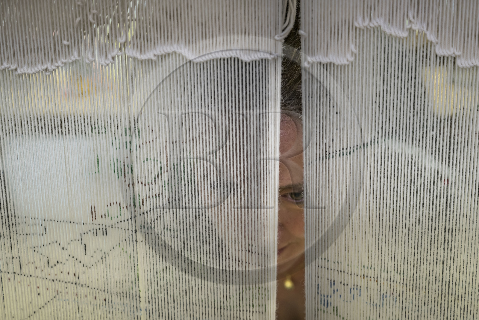 France, Hérault (34), Lodève, Manufacture de la Savonnerie unique annexe de la Manufacture Nationale de tapis de la Savonnerie des Gobelins, travail d'une licière sur un métier à tisser