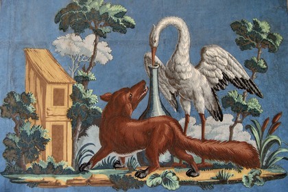 France, Aisne, Château-Thierry, Jean de La Fontaine Museum - city of Chateau-Thierry, illustration of the Fable the Fox and the Stork on an 18th century wallpaper after the painter Jean Baptiste Oudry