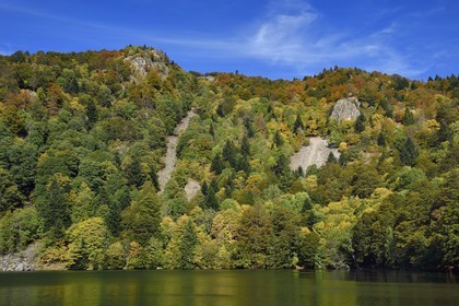France, Haut Rhin, Ballons des Vosges Regional Natural Park, Rimbach pres Masevaux, the Lac des Perches under Gazon Rouge in the Vosges