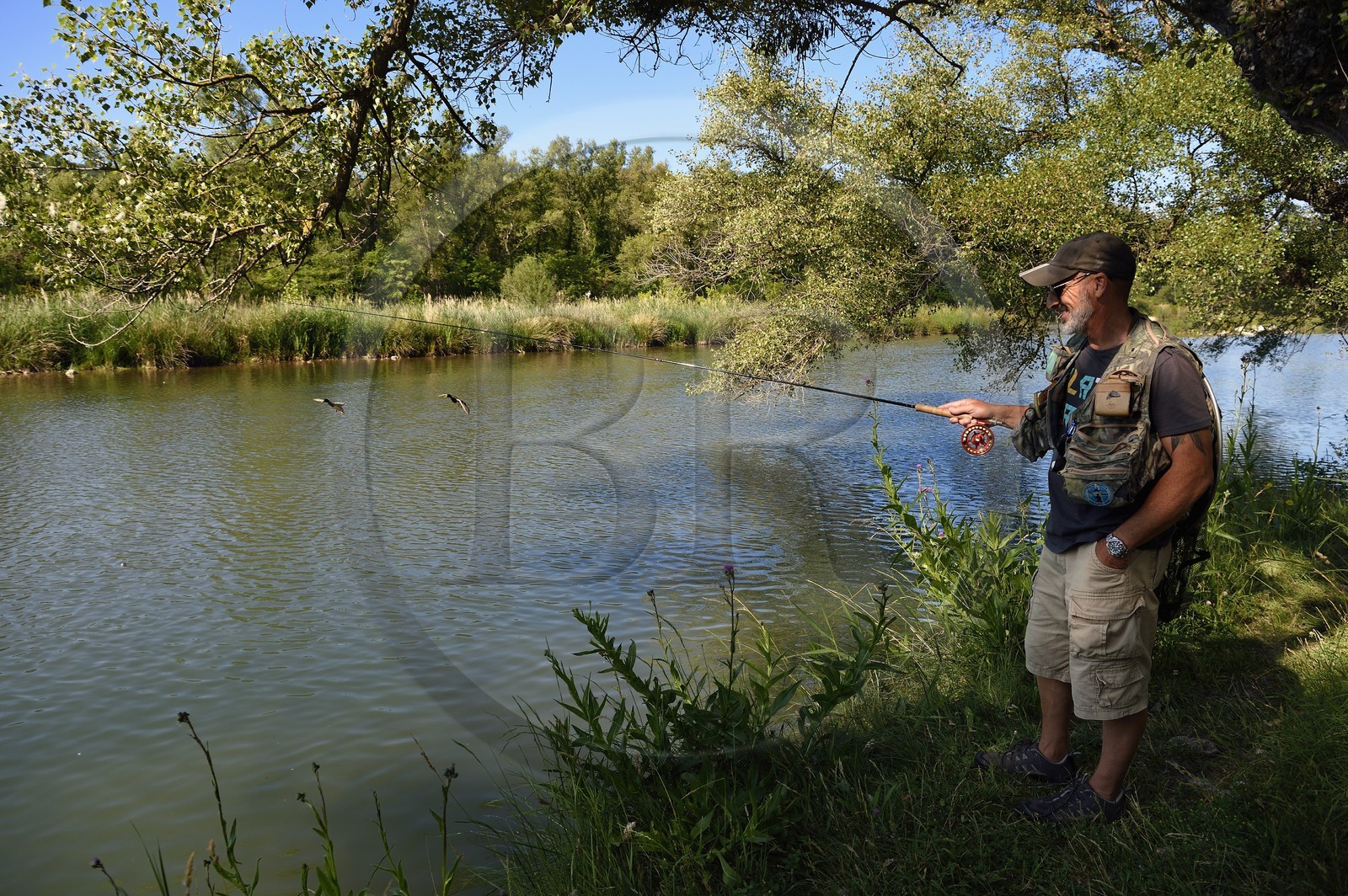 France, Alpes-de-Haute-Provence (04), parc naturel régional du Verdon, Gréoux-les-Bains, peche à la truite sur les rives du Verdon