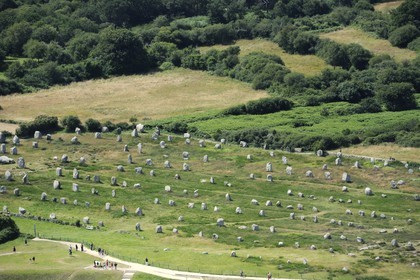 France, Morbihan, Carnac, row of megalithic standing stones at Menec (aerial view)