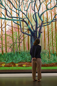 France, Paris, Bois de Boulogne, the Louis Vuitton Foundation by architect Frank Gehry, David Hockney exhibition 25, Bigger Trees near Water or ou Peinture sur le Motif pour le Nouvel Age Post-Photographique (2007), oil on 50 canvases (detail)