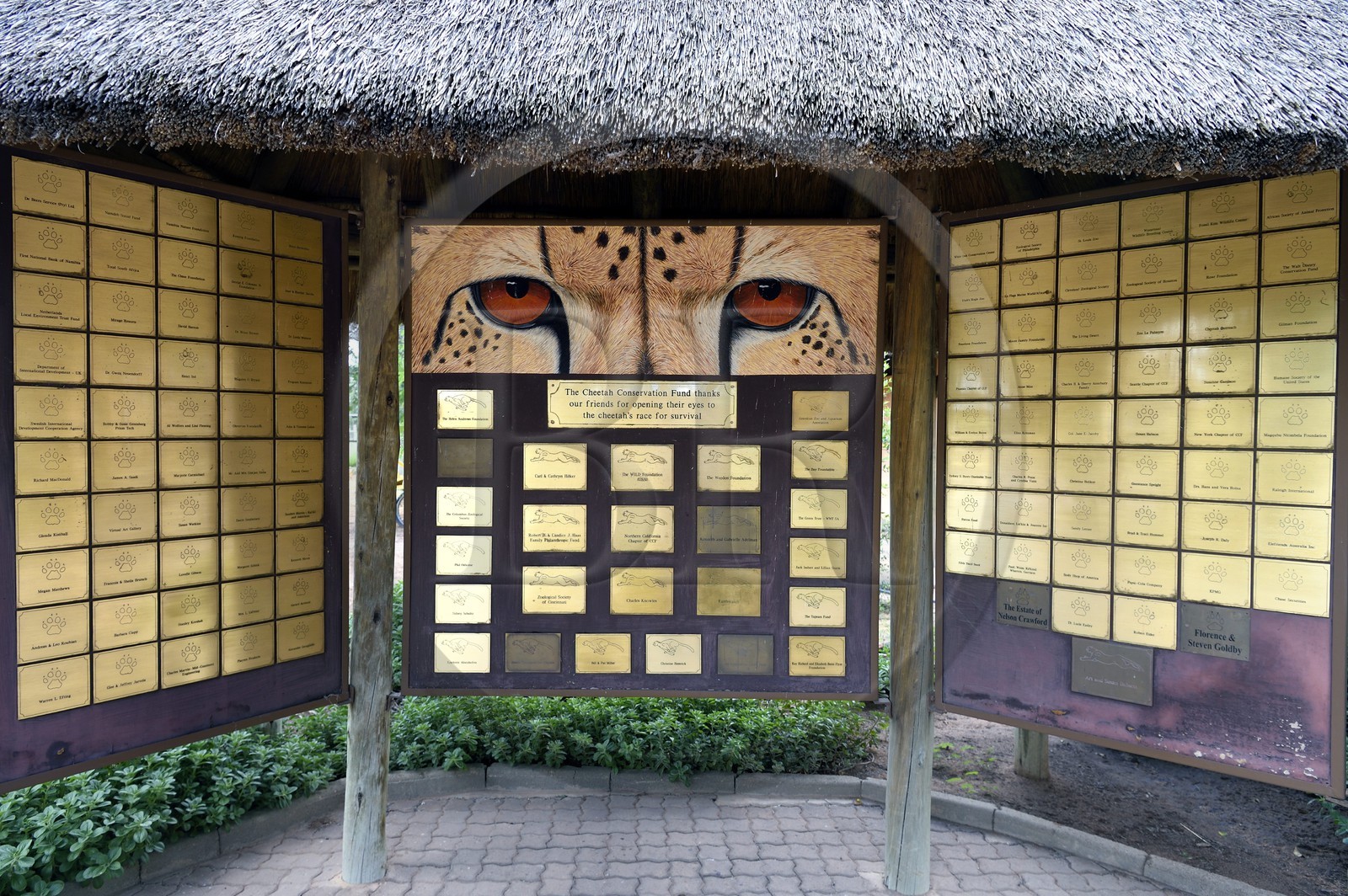 Namibie, Otjiwarongo, Cheetah Conservation Fund, centre de recherche et d'éducation, plaques des donateurs au CCF