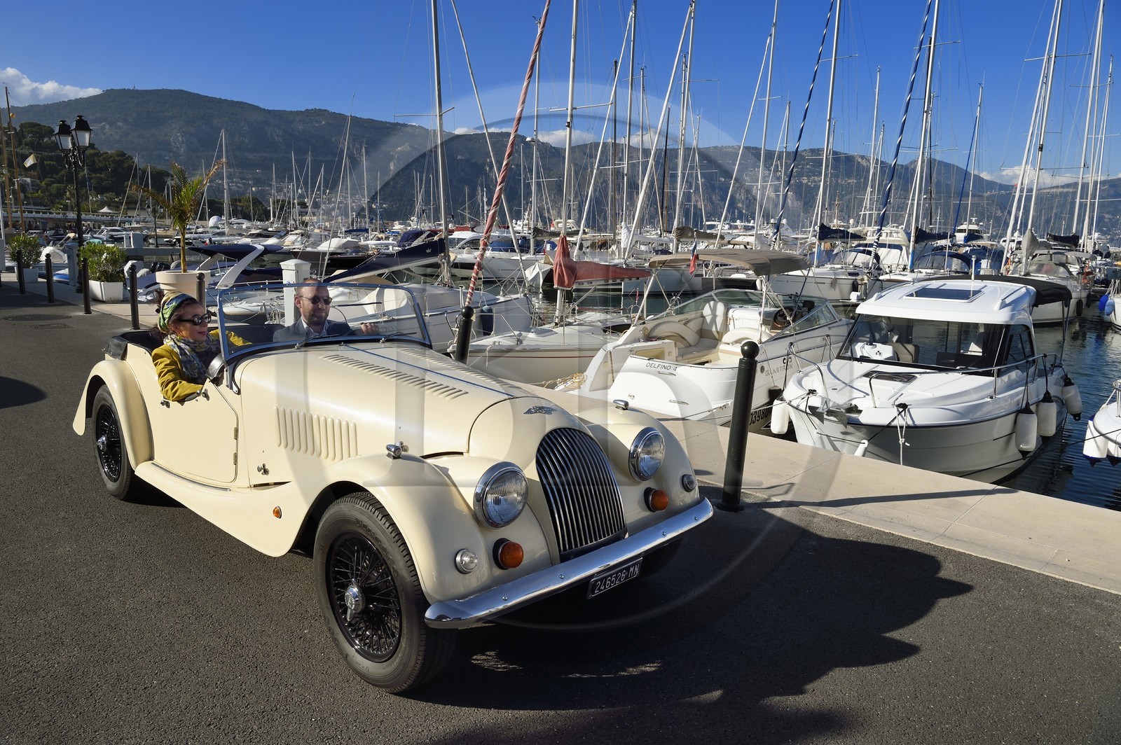 France, Alpes Maritimes, Saint Jean Cap Ferrat port, discovering the coast in a Morgan Roadster 4 4 vintage car