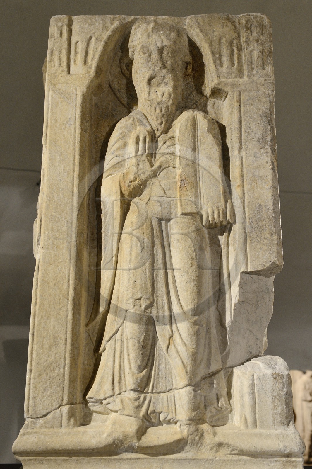 France, Rhone, Lyon, historical site listed as World Heritage by UNESCO, Vieux Lyon (Old Town), Gadagne museums, Historical Museum of Lyon, carved architectural element called Abraham Pillar marble from the Ile Barbe (1175)