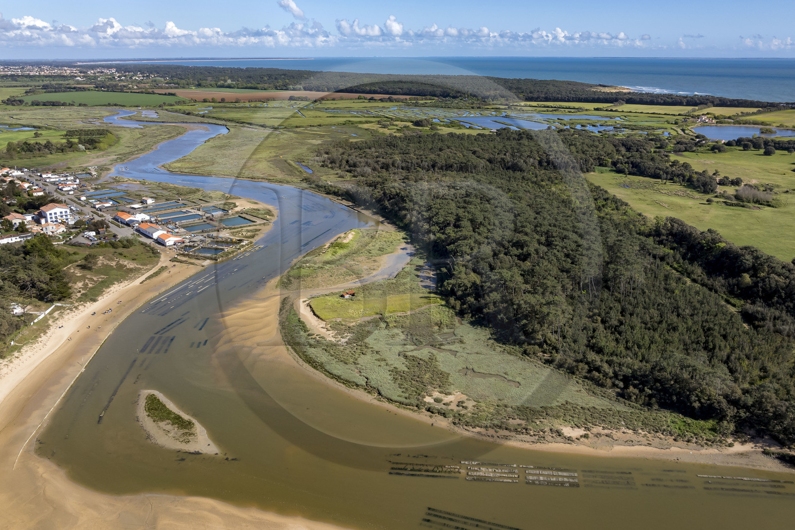 France, Vendée (85), Talmont-Saint-Hilaire, port du village d'ostréiculteurs de la Guittière dans l'estuaire du Payré (vue aérienne)