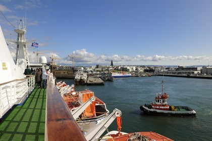 Iceland, Reykjavik, cruise ship Princess Danae moored in harbour