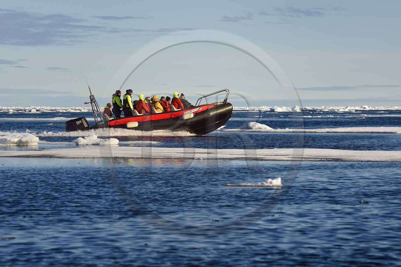 Groenland, cote Nord-Ouest, Smith sound au nord de la baie de Baffin, morceaux de glace de la banquise arctique et un PolarCirkel boat (zodiac) d'exploration du bateau de croisière MS Fram de la compagnie Hurtigruten