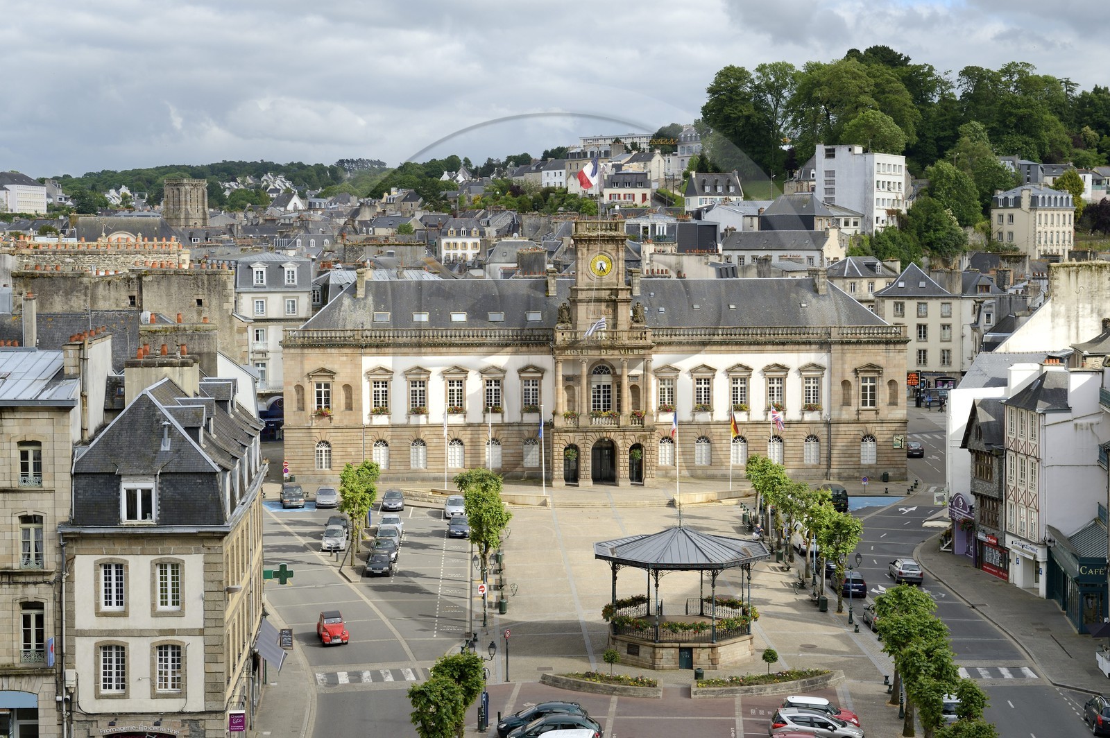 France, Finistere, Morlaix, the city hall on the place des Otages and the Kiosk of 1903