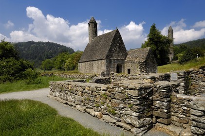 Republic of Ireland, Wicklow County, region of Wicklow Mounts, monastic site of Glendalough, Saint Kevin church and round tower