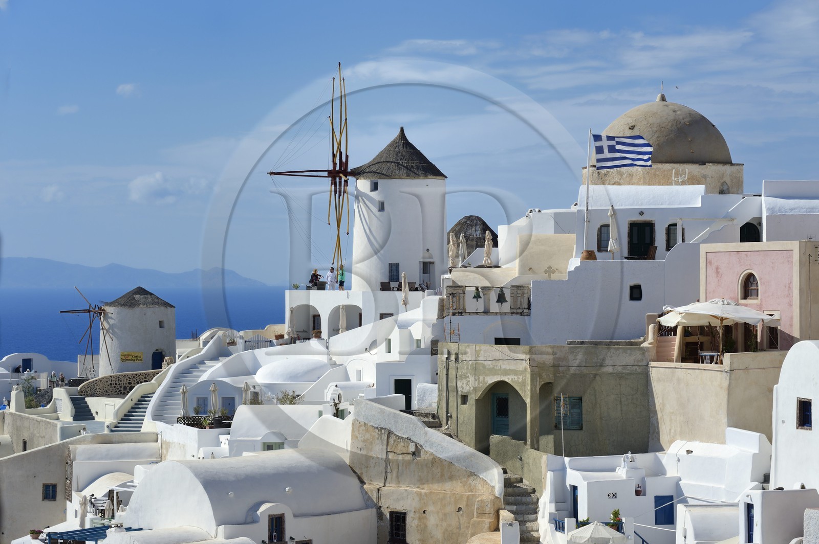 Greece, Cyclades, Aegean Sea, Santorini (Thira or Thera), mill on the north western tip of the village of Oia