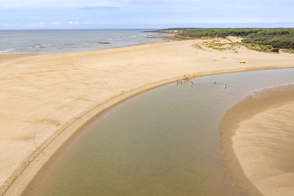 France, Vendée (85), Talmont-Saint-Hilaire, la Pointe du Payré, plage du Veillon et estuaire de la rivière Payré (vue aérienne)