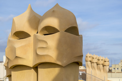 Spain, Catalonia, Barcelona, Eixample district, Passeig de Gracia, Pedrera or Casa Mila (1905-1910) by the Catalan modernist architect Antoni Gaudi, UNESCO World Heritage site, chimneys and ventilation towers on the roof terrace of the building