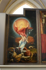 France, Haut-Rhin (68), Colmar, le musée Unterlinden, le retable d'Issenheim attribué à Grünewald, première ouverture représentant l’accomplissement de la nouvelle loi, panneau de l'Annonciation