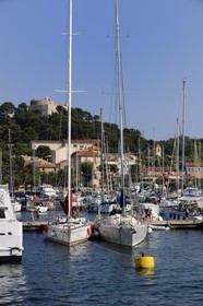France, Var, Iles d'Hyeres, National Park of Port Cros, ile de Porquerolles, the village and the port under the Sainte Agathe fort