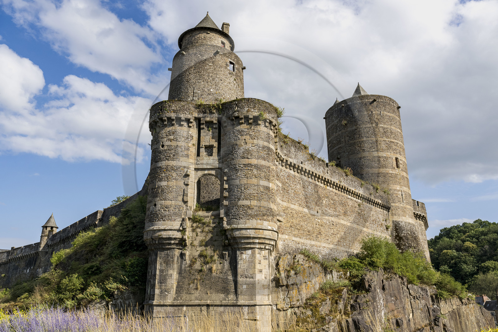 France, Ille-et-Vilaine (35), Fougères, château-fort du XIIe siècle, la Poterne ou tour d'Amboise surmontée de la tour des Gobelins, la tour Mélusine en arrière plan