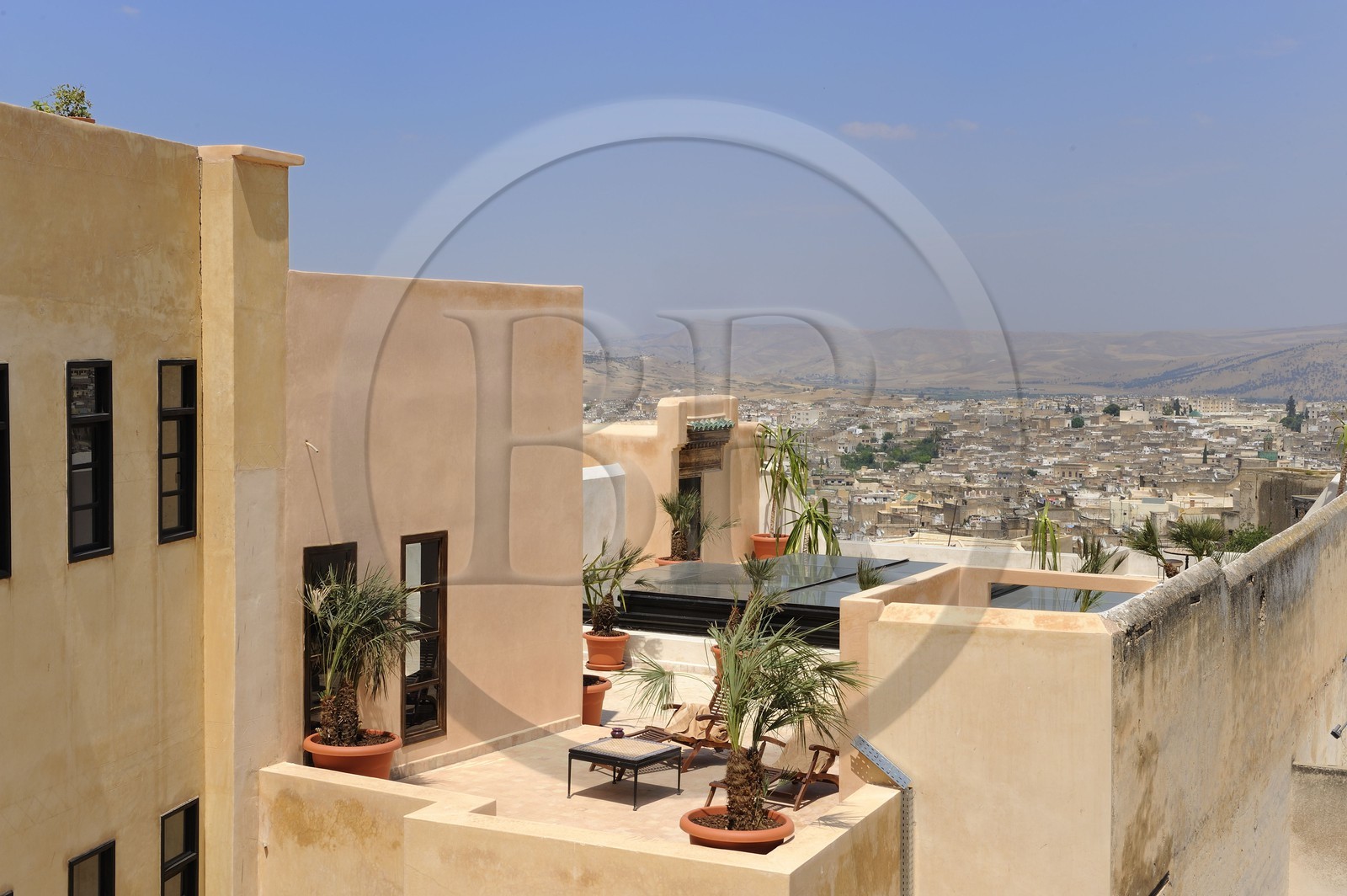 Morocco, Middle Atlas, Fez, Imperial City, Fez El Bali, medina listed as World Heritage by UNESCO, roofs of the Riad Fes luxury hotel