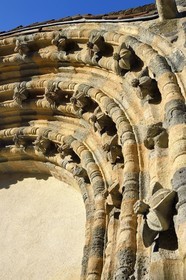 France, Haute Loire, Blesle, labelled Les Plus Beaux Villages de France (The most beautiful villages of France), southern portal of Saint Pierre former abbey church  in Auvergne Romanesque style, Cluniac site