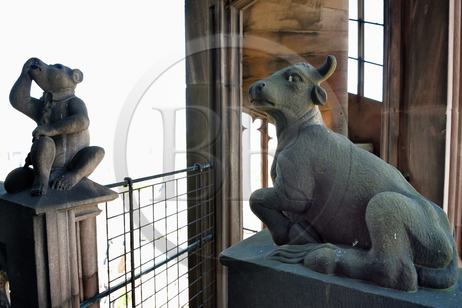France, Bas-Rhin (67), Strasbourg, vieille ville classée au Patrimoine Mondial de l'UNESCO, la cathédrale Notre-Dame, à mi hauteur de chacun des quatres escaliers à vis appelées les Vier Schnecken (quatre escargots), une passerelle les relie à la tour octogonale et on y trouve deux statues, ici l'ours enchainé et le taureau (références aux constellations de la Grande Ours et du Bouvier)