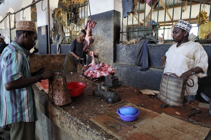 Tanzania, Zanzibar Archipelago, Unguja island (Zanzibar), Stone Town, listed as World Heritage by UNESCO, Darajani market, meat stall