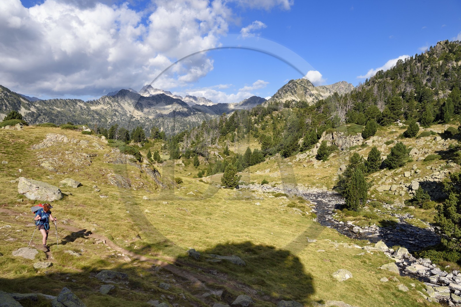 France, Hautes-Pyrénées (65), Saint-Lary-Soulan et Vielle-Aure, randonnée sur une variante du GR10 entre le col de Portet et les lacs de Bastan en bordure de la réserve naturelle de Néouvielle, le massif de Néouvielle en arrière plan
