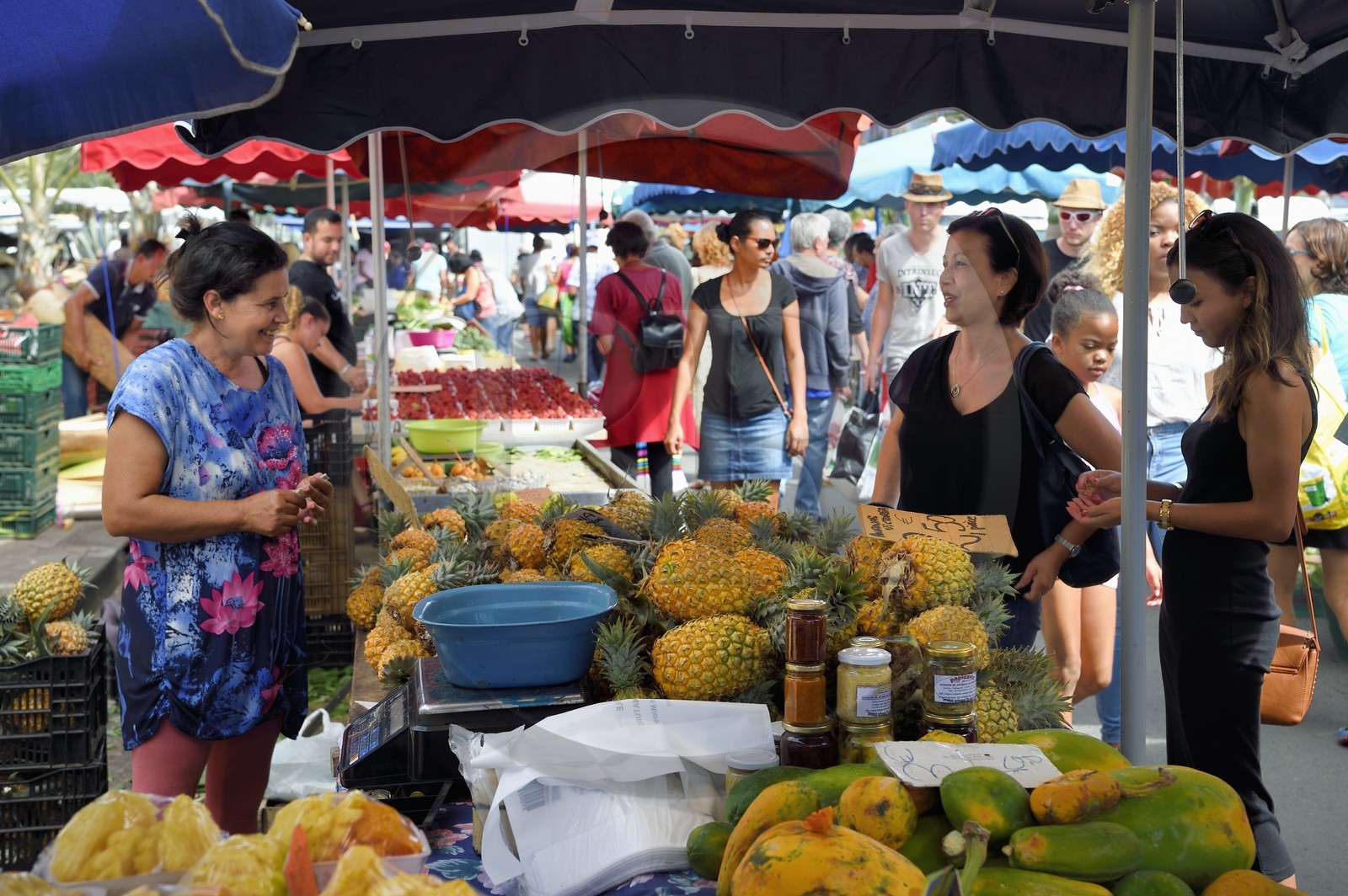 France, Reunion island (French overseas department), Saint-Pierre, the Saturday market, the pineapple and papaya fruit stalls
