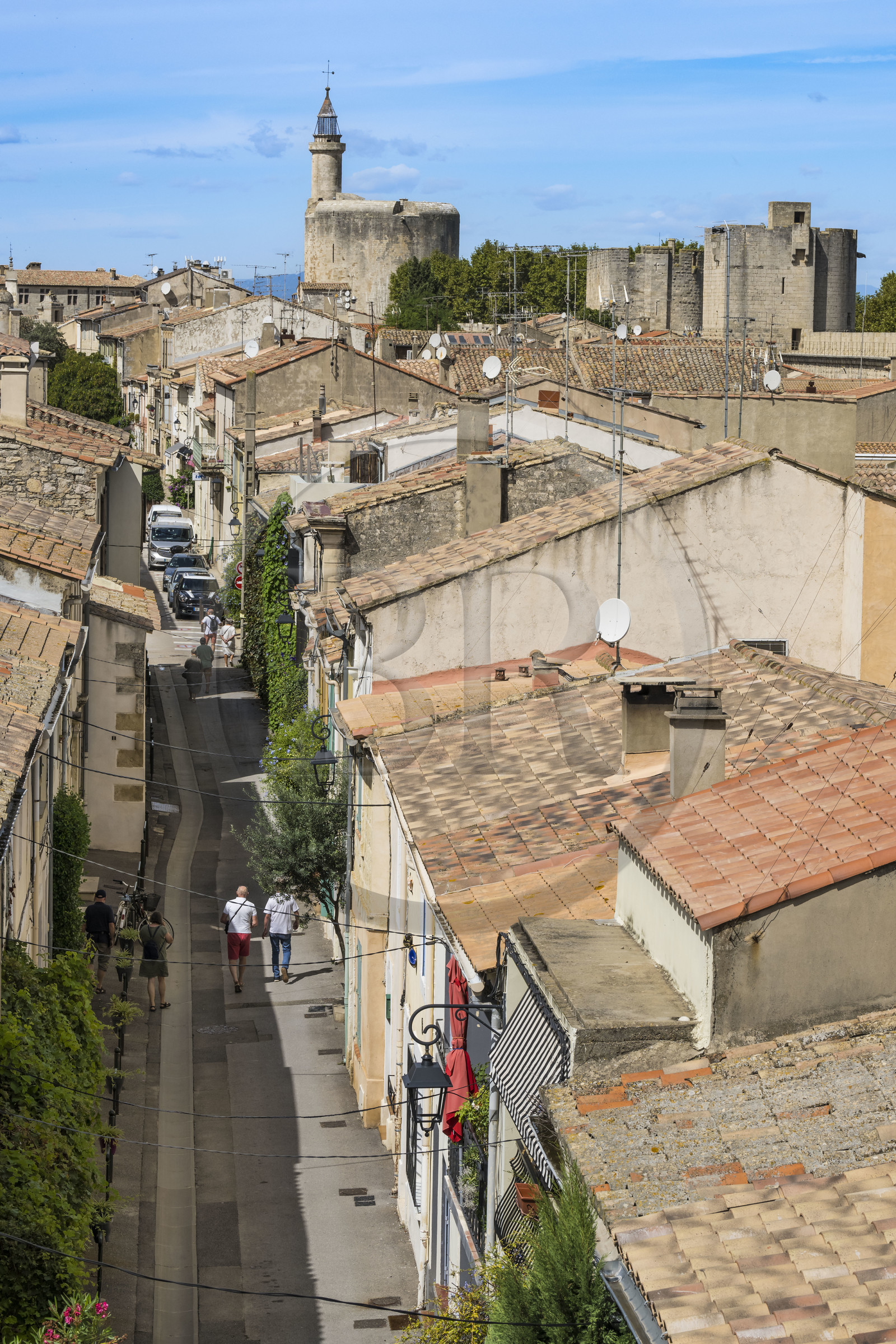 France, Gard (30), Aigues-Mortes, rue de la vieille ville depuis les remparts et la Tour de Constance en arrière plan