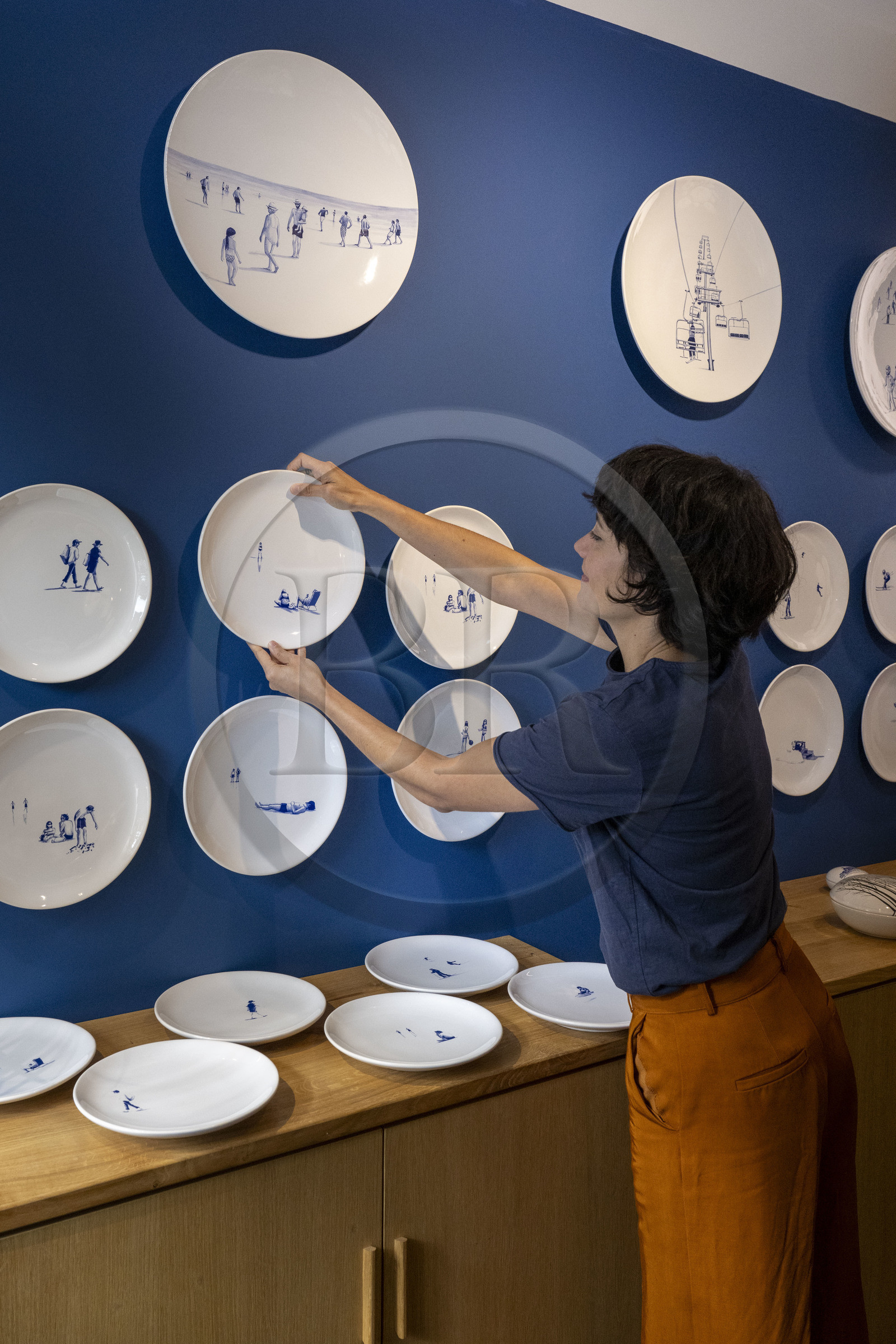 France, Nièvre, Nevers, Faïencerie Georges, graphic designer Carole Georges reinvents earthenware featuring marine animals, starry skies and hikers, making them more contemporary